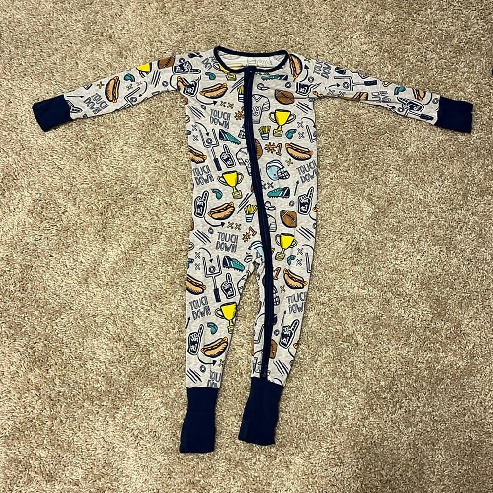 Little Sleepies football double zip pajamas, size 12-18 months